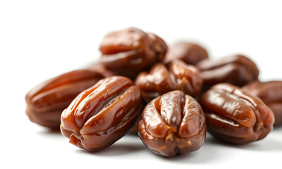 Obraz premium Many dark brown dates with a white background for food magazines, recipe websites, social media posts, and cooking blogs