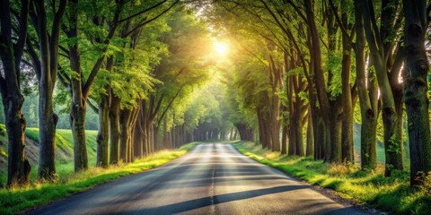 Sunlit Roadway Through Lush Green Canopy of Trees