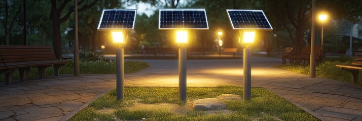 Solar-powered park lights illuminate evening path