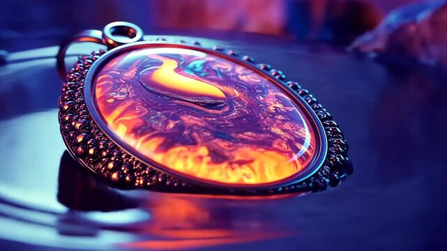 Glowing pendant on liquid surface reflecting vibrant colors