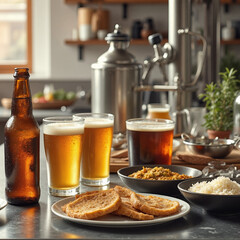 Food and drinks arrangement on kitchen table with bottles and glasses