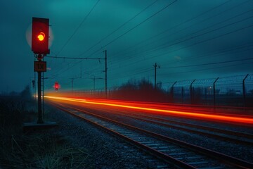 Light trails from a passing train illuminate the railway at dusk, with a red signal in the foreground