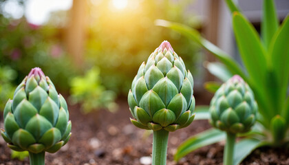 Fototapeta premium Green shoots. Artichoke shoots sprouting in garden at dawn, nature's renewal