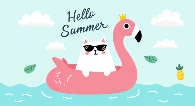 cool cat enjoys a summer day floating on a flamingo floatie