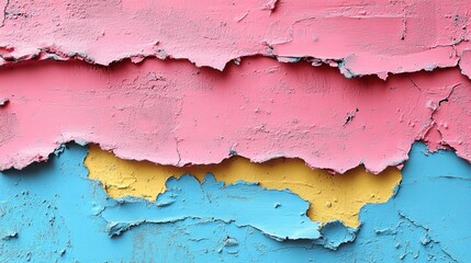 Obraz premium Closeup of colorful messy painted urban wall texture with wrinkled glued poster template creates a modern mockup.