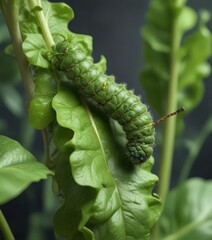 Fototapeta premium A caterpillar is climbing down a stem on a fresh green spinach leaf, bug, spinach
