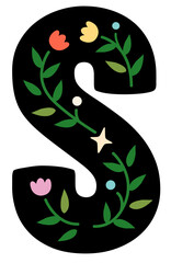 A black letter S decorated with colorful flowers and leaves.