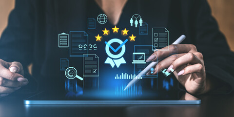 Customer feedback survey concept with five-star rating, digital review icons, and person analyzing quality service data on a tablet.