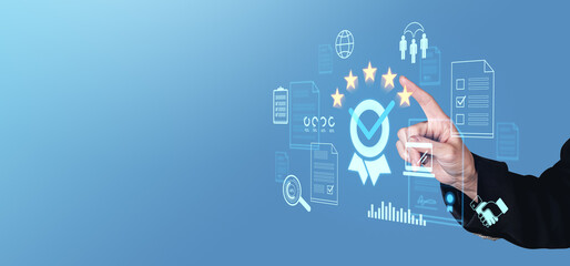 Hand interacting with virtual five-star rating and quality icons on a blue background.
