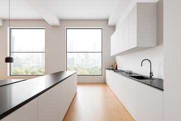Modern minimalistic kitchen interior with large windows and cityscape view. 3D Rendering