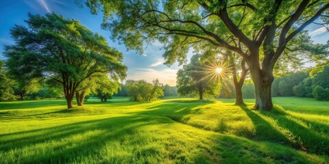 Fototapeta premium Serene Sunrise Illuminates Lush Green Meadow with Majestic Trees Casting Long Shadows