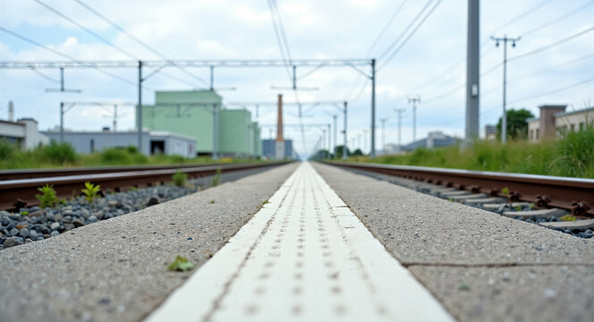 perspective view of train tracks extending to the