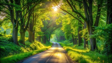 Naklejka premium Sunlit Pathway Through Lush Green Canopy of Trees