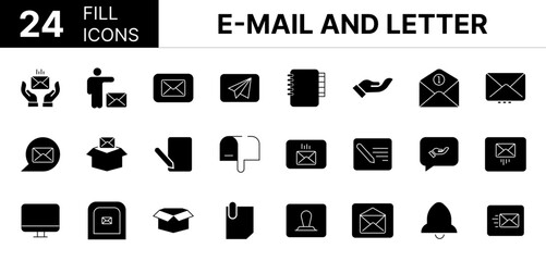 Collection of 24 E-mail and Letter fill icons featuring editable strokes. These outline icons depict various modes of E-mail and Letter, electronic mail, mail, letter, postal, icon, set, line, post, m