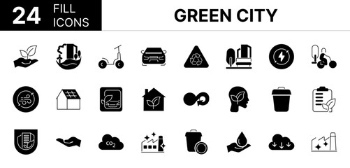 Collection of 24 Green city fill icons featuring editable strokes. These outline icons depict various modes of Green city, eco, energy, building, water, reusing, air, quality, urban, smart, environmen