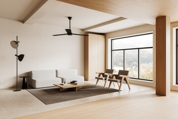 Modern minimalist living room with wooden accents and large window. 3D Rendering