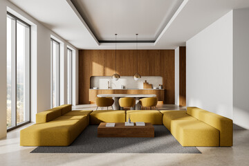 Modern living room with mustard yellow sofas and kitchen in background. 3D Rendering