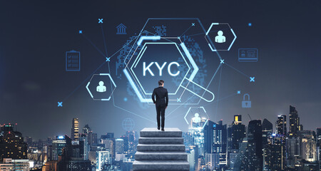 Businessman observing digital KYC interface over cityscape at ni