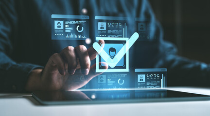 Digital KYC verification with hand interacting on holographic interface.