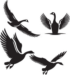 set of goose flying  poses,goose flying silhouette illustration, bird silhouette black and white, minimalist goose vector art, wildlife goose flying illustration