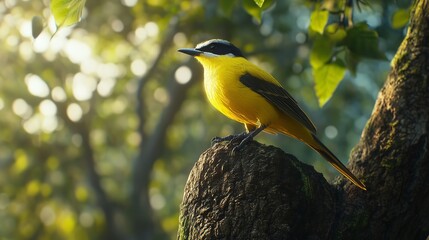 Fototapeta premium A vibrant yellow bird perched on a mossy branch, showcasing its striking features amidst a lush green background.