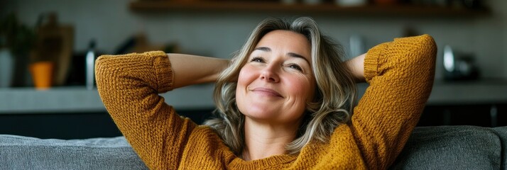 Photo of a middle-aged woman relaxing on a couch at home, happy and content with her arms behind her head, smiling and looking up in the distance. In a modern kitchen.