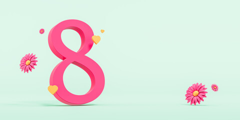 Pink number eight with flowers and hearts on pastel green background. 3D Rendering