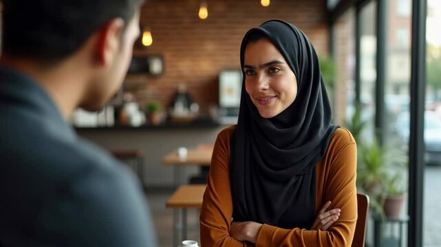 Two people engage in a deep conversation in a well-lit cafe, with one appearing concerned while the other listens attentively