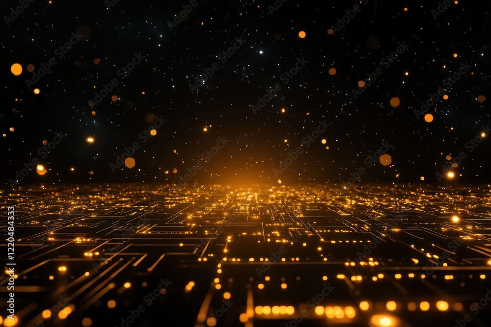 Wall mural golden circuit board pattern with glowing particles in dark space.