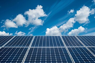 Obraz premium Solar panels are converting sunlight into clean, renewable energy under a beautiful blue sky dotted with white clouds