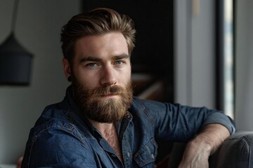 Fototapeta premium Handsome Caucasian Man with Beard in Sleek Contemporary Living Space with Minimalist Design