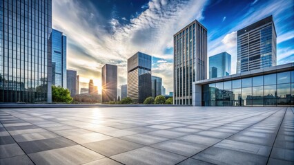 Fototapeta premium Empty plaza with modern skyscrapers at sunset, reflecting urban architecture and a vibrant sky