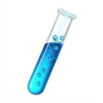 blue bubbling elixir in a test tube, isolated on a white background