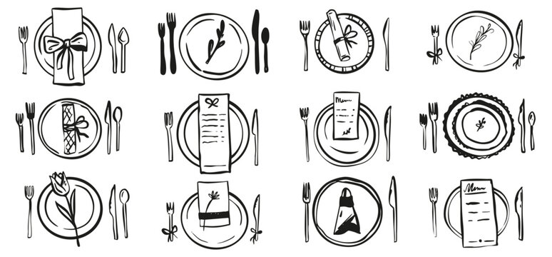 Hand drawn table serving illustration wedding party menu design. Restaurant cafe illustration in retro vintage doodle sketch style.