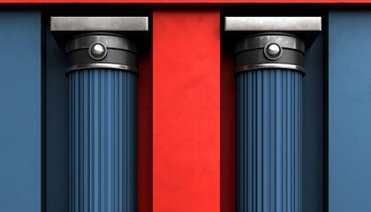 Two Blue Columns Against Red And Blue Walls