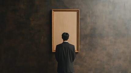 Obraz premium Man in Suit Standing Before Empty Picture Frame on Dark Wall, Inviting Visitors to Imagine Their Own Artistic Vision Through a Life-Sized Display