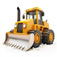 Fototapeta premium 3D icon cartoon bulldozer with a steel blade, isolated on a white background