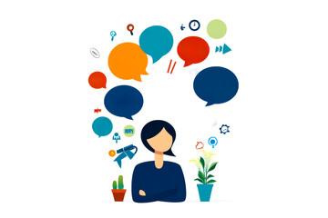 A person stands surrounded by colorful speech bubbles, symbolizing communication, ideas, and thoughts, with plants adding a touch of nature.