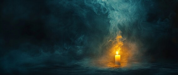 Candle burning amidst swirling smoke creates a mystical atmosphere in dark surroundings