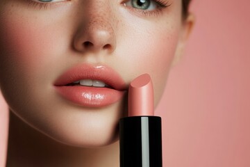 Glossy pink lips with a matching lipstick and natural freckles, creating a soft, feminine, and elegant beauty portrait. Copy space