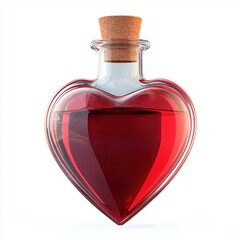 3D icon cartoon red potion in a heart-shaped bottle with a cork, isolated on a white background 