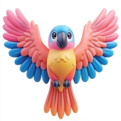 Obraz premium 3D icon cartoon colorful parrot with spread wings isolated on a white background 