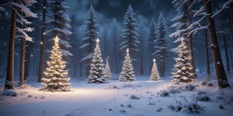 Obraz premium A magical Christmas forest with glittering snow-covered trees and twinkling lights, frosty landscape, forest