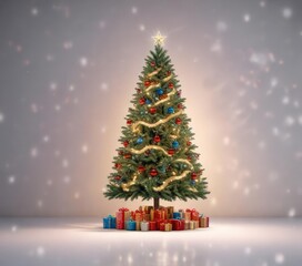 Obraz premium A majestic Christmas tree stands tall against a bright white background, showcasing its vibrant colors and sparkling lights, festive colors, Christmas tree on white background