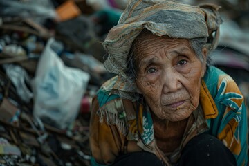 Fototapeta premium Close up of an elderly woman working as a landfill scavenger, highlighting the social and environmental challenges of waste management