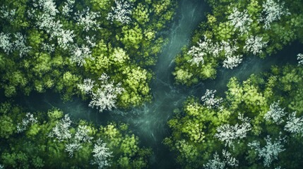 Fototapeta premium Aerial view of a river flowing through a dense forest with white and green foliage
