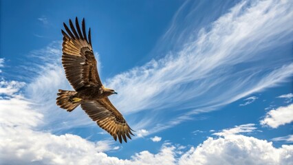 Obraz premium A majestic golden eagle soaring above a vast expanse of blue sky with wispy white clouds, freedom, flight, blue, gold
