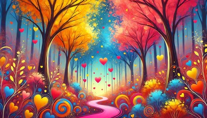 Obraz premium A vibrant, whimsical painting of a magical autumn forest with colorful trees in shades of orange, yellow, and blue