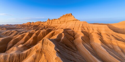 Aerial view topography composition concept. Stunning desert landscape featuring rugged terrain and warm golden hues under a clear blue sky.