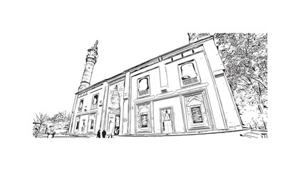 Print Building view with landmark of Bursa inTurkey city. Hand drawn sketch illustration in vector.
